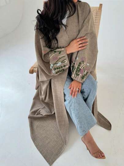 1 件女士优雅花卉刺绣长袍，时尚亚麻长袍，印花花卉图案，适合日常、节日聚会、阿拉伯风格、朴素的长袍