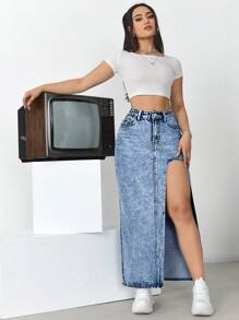 Women's Solid Color Simple Casual Split Hem Denim Skirt