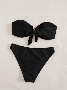 Women's Fashionable Sexy Bandeau Bikini Set, Gold Clips Decor Separates Swimwear For Party & Beach