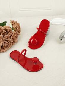 Girls Fashion Casual Glossy Jelly Thong Slippers With Big Button, Girls Outdoor Walking Holiday Beach Sandals - Red - View 5