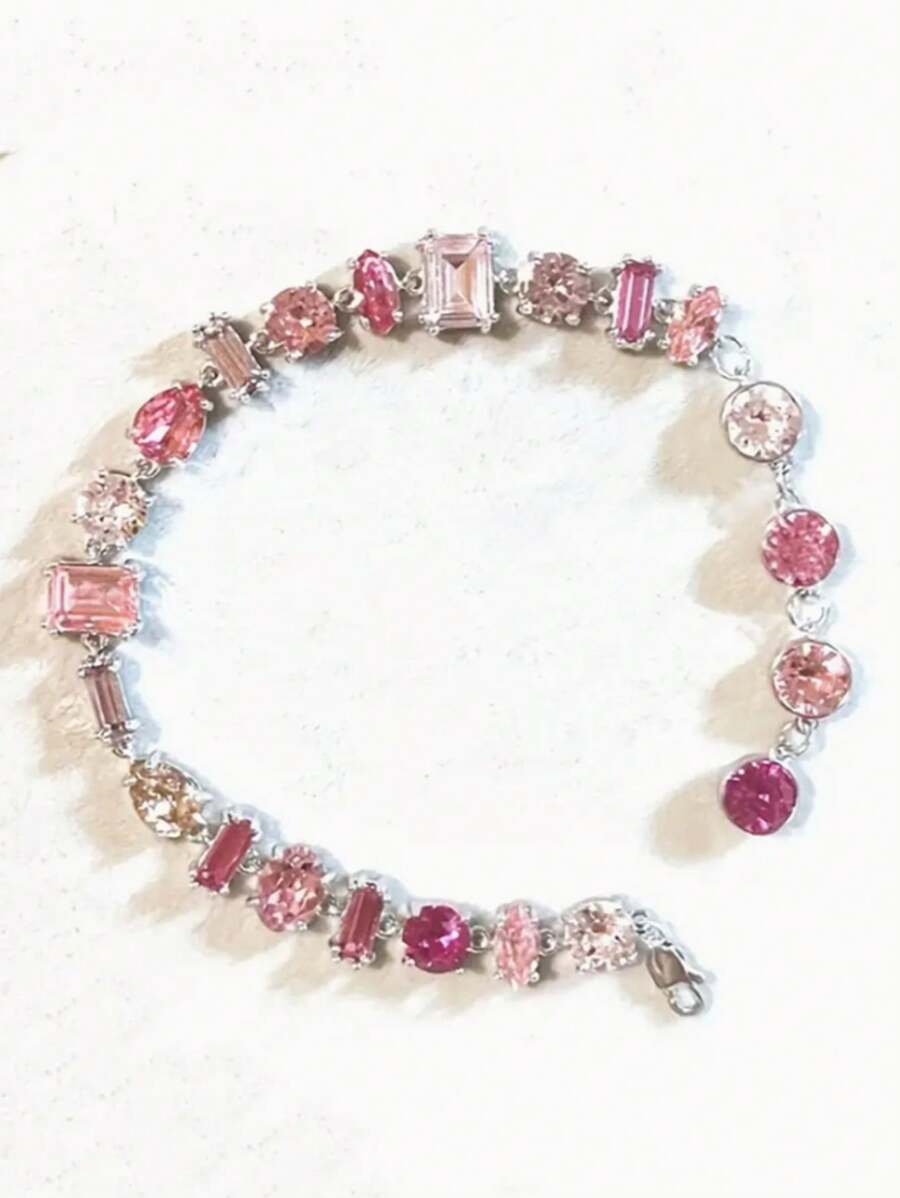 1pc Elegant Pink Cubic Zirconia Embellished Bracelet, Fashionable & Versatile, Suitable As Gift For Girlfriends