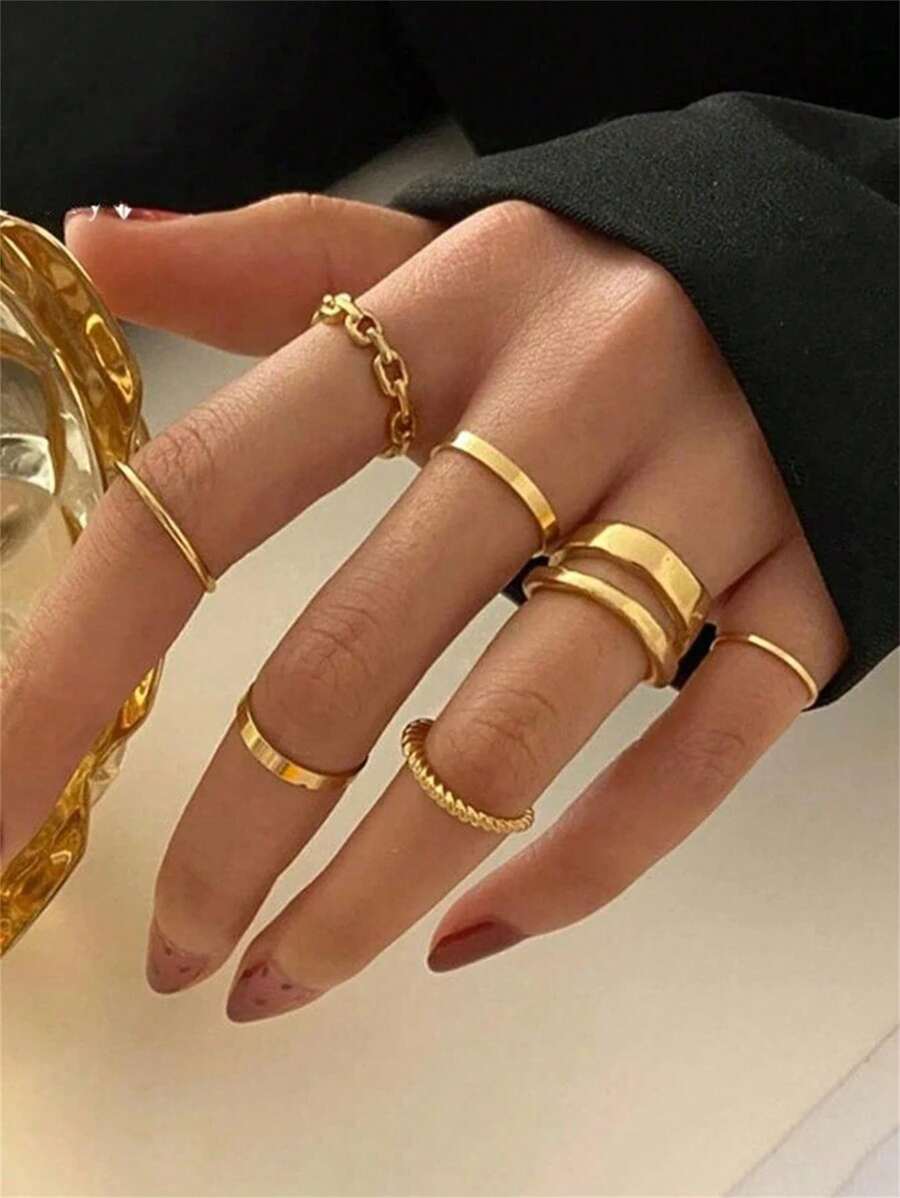 7pcs/Set Random Minimalist Metal Textured Knuckle Rings Set, Ladies Simplistic Rings Set