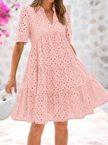 Women Summer Embroidery Eyelet  Short Dress V Neck Short Sleeve Hollow Out Lace Ruffle Tiered Flowy Mini Dress Solid White Casual Boho Bohemian Resort Beach Holiday Vacation Valentine Babydoll Mini Short Dress - 粉色 - 查看 4