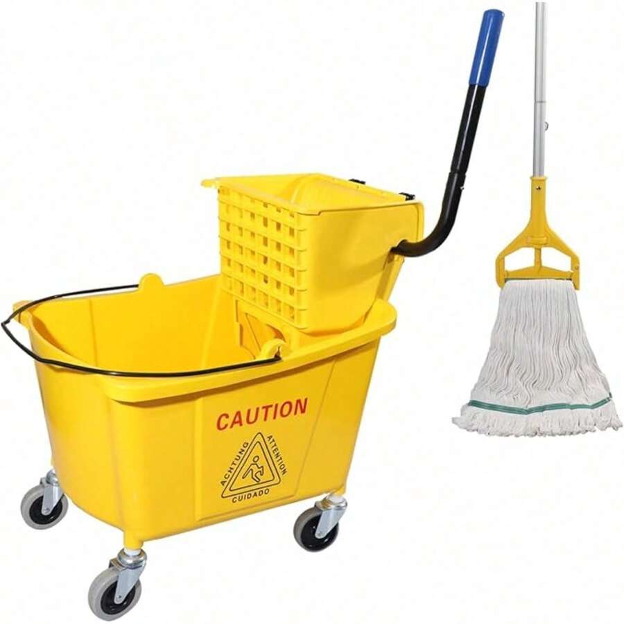 Side Press Wringer Combo Commercial Mop Bucket On Wheels, 35 Quart,Yellow, Including Wet Floor Caution Sign(24Inch) And One Industrail Mop - View #4