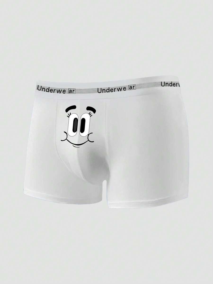 Men's Print Elastic Waist Boxer Briefs, Eye Expression Graphic Pattern, Daily Wear, White - White - View 1