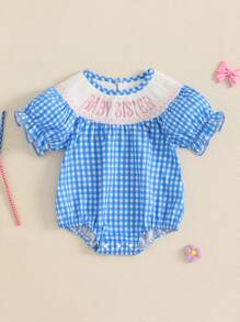 Baby Girl Short Sleeve Romper Letter Embroidered Plaid Smocked Round Neck Ruffled Summer Jumpsuits - Blue - View 1