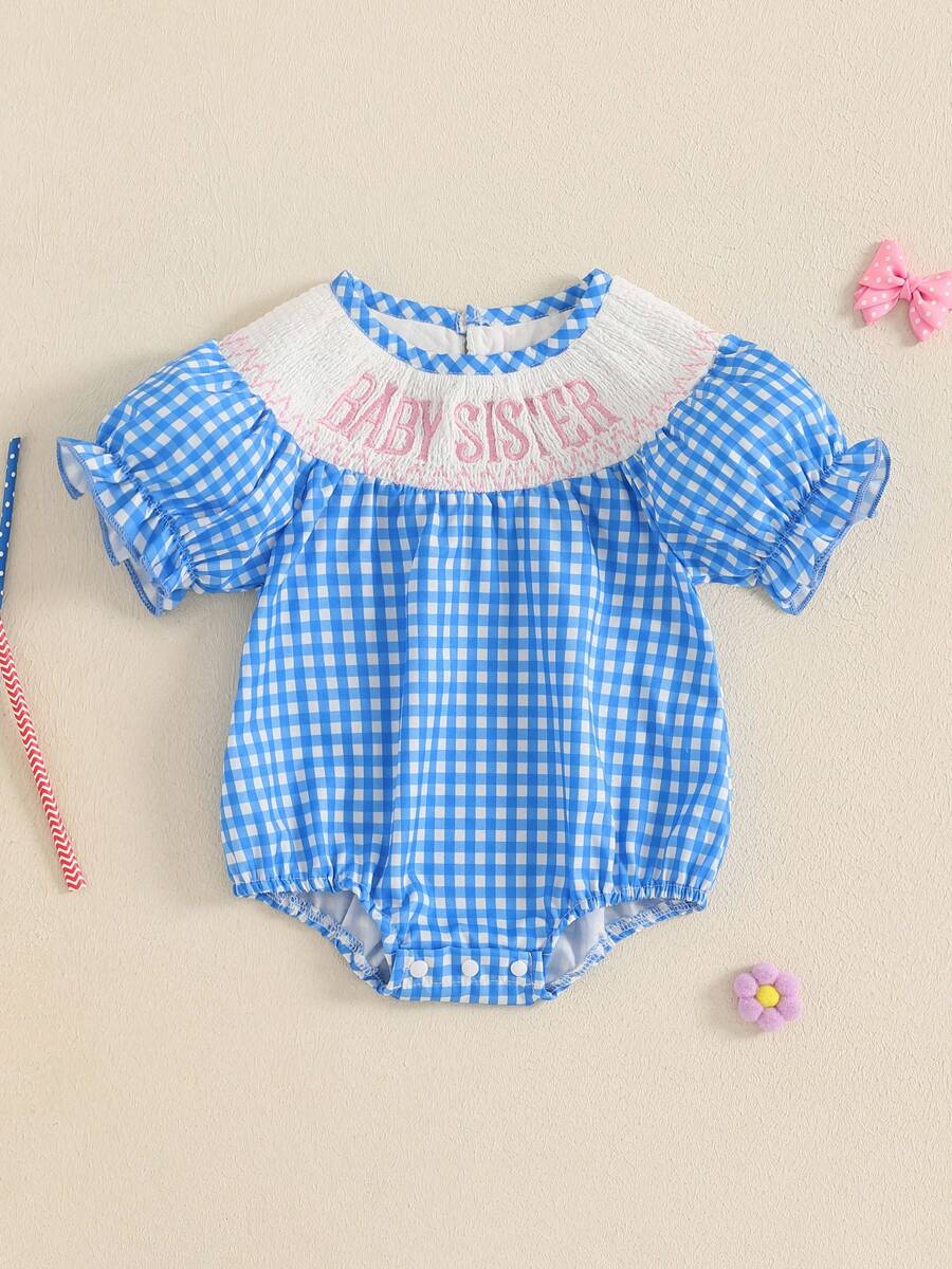 Baby Girl Short Sleeve Romper Letter Embroidered Plaid Smocked Round Neck Ruffled Summer Jumpsuits - Blue - View 1