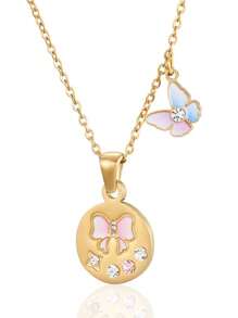 女士蝴蝶结吊坠项链 复古镀金不锈钢 不褪色配饰、浪漫珠宝、订婚礼物、女士 - 金色 - 查看 9