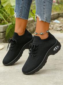 Women's Casual Breathable Shock-Absorbing Walking Shoes, Fashionable Wedge Thick-Soled Sneakers - Black - View 14