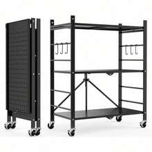 Foldable Storage Shelves With 6 Hooks, 3 Tier Rolling Shelf With Wheels, Metal Shelving Unit For Organization, Utility Cart With Rack For Garage, Pantry, Kitchen, Room, Ready To Use Without Assembly Required
