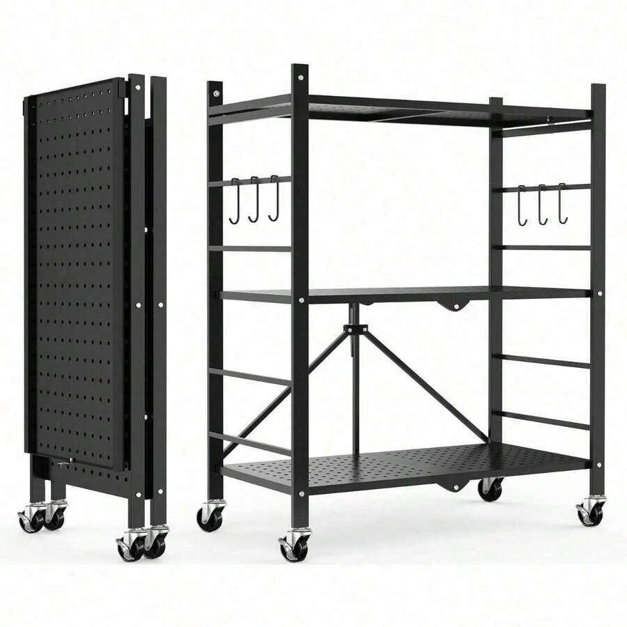 Foldable Storage Shelves With 6 Hooks, 3 Tier Rolling Shelf With Wheels, Metal Shelving Unit For Organization, Utility Cart With Rack For Garage, Pantry, Kitchen, Room, Ready To Use Without Assembly Required