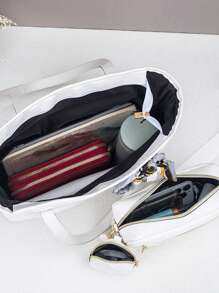 3pcs Set Quilted Wave Pattern Large Capacity Tote Bag With Matching Shoulder Crossbody Camera Bag And Coin Purse, Classic Color Block - Multicolor - View 7