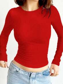 Plain Crew Neck Long Sleeve Casual Tops - Red - View 2