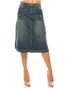 A-Line Denim SkirtPlainCasualDenimPocketButtonZipperCargo Pocket - Vintage - View 1