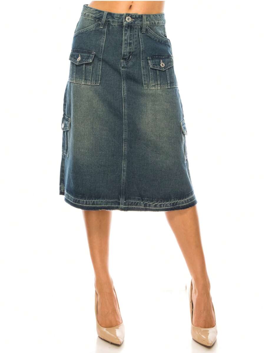 A-Line Denim SkirtPlainCasualDenimPocketButtonZipperCargo Pocket - Vintage - View 1