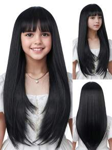 Synthetic Wig Children Girls Natural Long Straight Bangs Hair Heat Resistant Daily Cosplay Full Headgear - Black - View 11