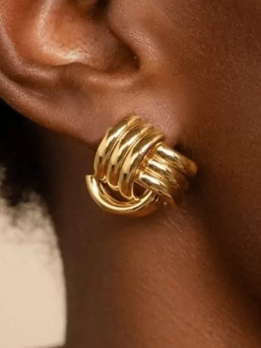 1 Pair Petite Versatile Striped Knot Stud Earrings, Suitable For Daily Wear For Women - Gold - View 1