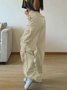 女士 Y2K 街头风翻盖口袋带饰宽松休闲阔腿降落伞工装裤 - 杏色 - 查看 2