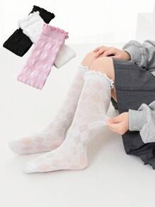3pcs Girls' Solid Color Hollow Breathable Knee-High Socks - Multicolor - View 16