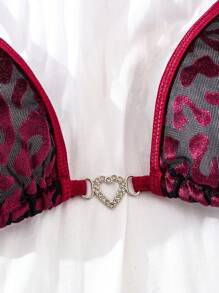 两件套女士性感圣诞红色豹纹内衣套装，红色豹纹系带露背文胸，心形金属拼接薄纱花卉面料浪漫内衣套装 - 紅色 - 查看 6