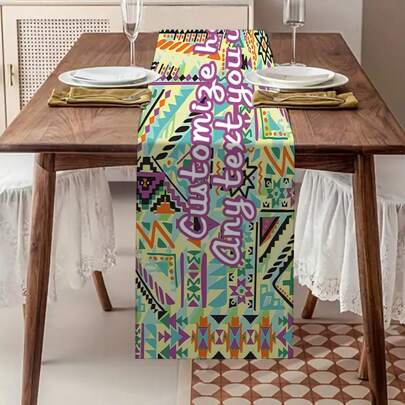 Customizable Bohemian Style Patterned & Text Table Runner, Made Of Polyester Knitted Fabric, Machine-Made, Family Name & Blessing Text Customizable, Perfect Home & Dining Decoration Gift, Suitable For All Seasons