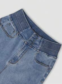 Back Shirred Button Front High Waist Jeans - Baby Blue - View 6