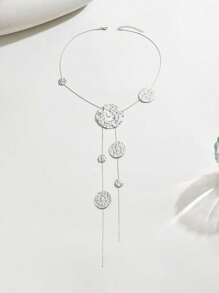 1 Pc Women's Y-Shaped Necklace, Fashion Asymmetrical Beaten Pattern Disc Geometric Pendant Long Tassel Necklace, Suitable For Daily Outfit And Streetwear - Silver - View 4