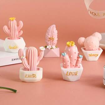 1 件/5 件迷你粉色仙人掌摆件 - 饰有爱情口号，非常适合情人节桌面装饰，具有少女卡通主题，这些树脂装饰配件适用于各种类型的室内装饰，可制作可爱的桌面摆件。（由于拍摄角度，图片可能有误差）
