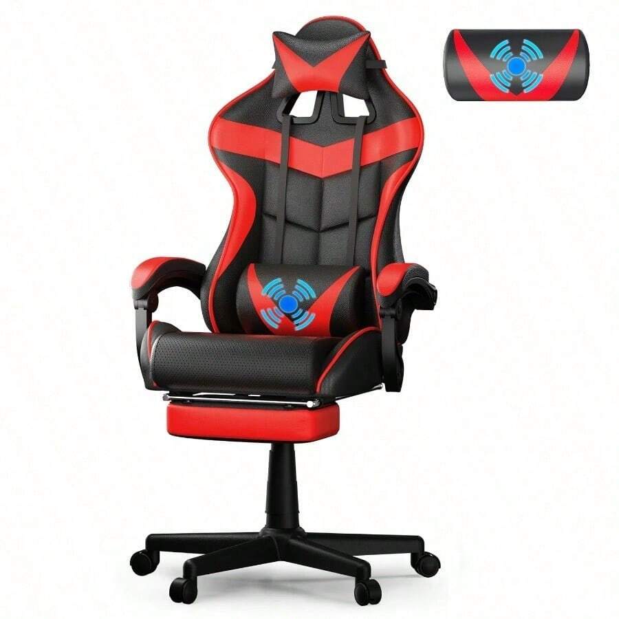 Gaming Chair With Massage, High Back Computer Gamer Chair For Adults And Kids, Ergonomic Game Chair With Adjustable Headrest And Lumbar Support (Blue) - 紅色[帶腳凳] - 查看 1
