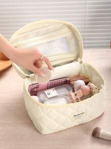 1Pc/Set Beige Quilting Makeup Bag With Soft Texture, Vintage Large Capacity Cosmetic Bag&Travel Organizer Handheld, Minimalism Cozy Foam Toiletry Big Set, Lightweight Fluffy Makeup Pouch, Home Decor, Delicate Gift For New Semester, Spring/Early Summer, Anniversary, Vacation, Trip, Back To School, Makeup Case, New Style In 2025.