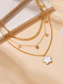 1 Multi-Layered Wear Retro Smooth Shell Floral Pendant Stainless Steel Three-Layer Petal Chain Necklace Suitable For Women's Daily Wear - Multicolor - View 8