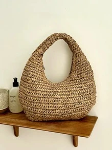 Sac à épaule mou fait main pour femme en kaki, sac cabas crescent tissé en raphia pour plage d'été