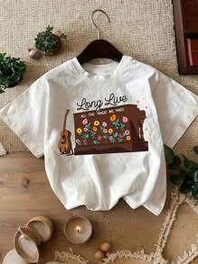 Young Girl Simple And Lovely Surprise Song Piano Flower Pattern Slogan Printed Pullover Short Sleeve T-Shirt Summer New Comfortable And Casual. - White - View 1