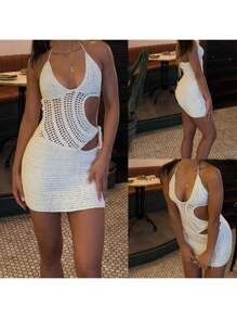 Women Halter Neck Cami Dress Slim Hollowed Cut Out Sleeveless Backless Knitted Mini Bodycon Dress For Daily Party Club - trắng - Xem 5