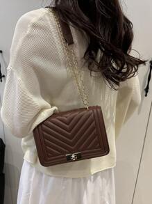 Fashionable Solid Color V-Shaped Printed Flip Small Square Bag, Fashionable PU Chain Crossbody Bag, Women's Flip Lock Mini Shoulder Bag Wallet, Suitable For Shopping, Shopping, Wallets, Young Women, College Students, Newcomers, White-Collar Workers. They Are Very Suitable For Offices, Universities, Work, Business, Commuting, Outdoor Activities, Travel, And Outings