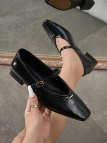 2025 Automne Femmes Mode Élégante Confortable Carrée Orteil Noir Sangle Minimaliste Ballet Flats, Talons Épais Glissant Fête Formel Vacances Sortie Polyvalente Chaussures, Babies - Noir - Voir 4