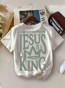Camiseta de verano de cuello redondo casual y simple con gráfico impreso "JESUS IS KING" para niño