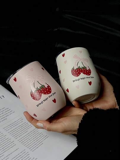 1pc 12oz Strawberry Heart Pattern Insulated Travel Mug, Double Wall Tumbler Cup, Drinkware, Coffee Cup, Tea Cup, Portable Cup Suitable For Office, Outdoor, Travel, School, Home, Party, Great Gift For Holiday, Birthday, Women, Back-To-School Back To School