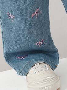 Baby Girl Embroidered Bow Straight Leg Jeans With Pockets, Sweet & Cute Style Suitable For Outgoing, Home, Party, Versatile - Blue - View 4