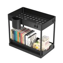 Organizador de fregadero negro con 1 cajón, adecuado para almacenamiento en gabinetes de baño y cocina, cesta de almacenamiento, estantería deslizable multifuncional de plástico ABS, organizador de hogar, se adapta a espacios pequeños