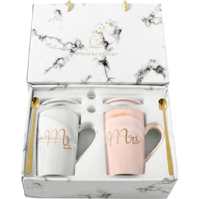 Juego de tazas para parejas de 14oz "Sr. y Sra.", con caja de regalo, perfecto para la boda, aniversario, Día de la Madre, Día del Padre, dama de honor o padrino, azul y rosa de vuelta al colegio