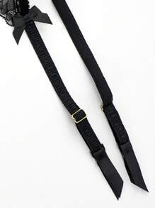 女士黑色性感蕾丝吊袜带、蝴蝶装饰半透明防滑长袜 - 黑色 - 查看 7