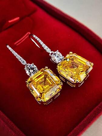 1 对华丽黄水晶石黄水晶闪亮方晶锆石吊坠耳环饰品配饰女士情人节、订婚婚礼、新娘、母亲节、生日礼物