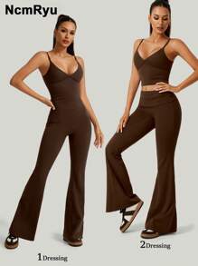 NcmRyu Women's High Stretch Solid Color Spaghetti Strap Padded Camisole & Flare Waist Yoga Pants Activewear Set