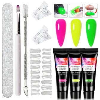  FOUR LILY 9Pcs Fluorescent Color Nail Extension Kit 20ml Quick Build Acrylic Gel, UV/LED Cured, Includes Dual Forms & Nail Brush - Perfect For DIY Manicures