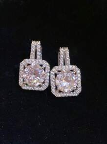 1 par de pendientes con corte de princesa de circonita cúbica plateada, pendientes colgantes tipo palanca, pendientes chapados en diamante simulado CZ para mujer, pendientes de boda, exquisita joyería de moda y lindos