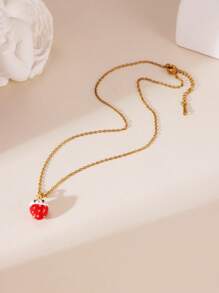1pc 18K Stainless Steel Oil-Drop Strawberry & Cherry Zirconia Necklace, Elegant Jewelry Accessory For Women, Suitable For Daily Wear And Gatherings