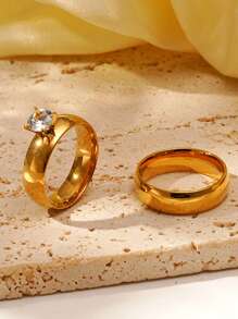 2 Stücke/Set einfache 4MM Zirkonia Dekor Edelstahl Ring für Frauen
