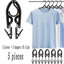 5pcs (5 Hangers And 10 Clips) Foldable Travel Clothes Hanger, Essential For Long Journeys, Portable Plastic Folding Clothes Hanger For Suitcase, Hotel, RV, Road Trip, Flight, Camping
