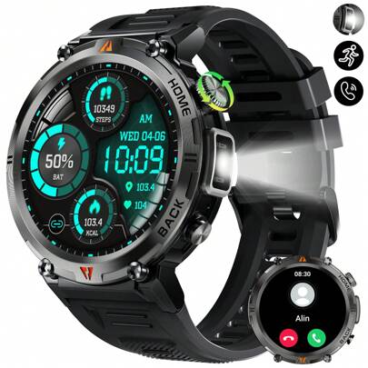 EIGIIS 1.45" HD Large Screen Smart Watch For Men (Call/Dial), Durable, With Flashlight, 100+ Sports Modes, Sleep Monitoring, Pedometer, Alarm, Camera, Compatible With IOS & Android